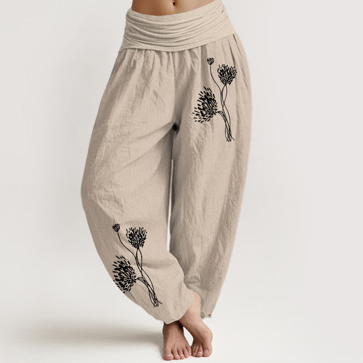 Buddha Stones Pure Cotton Botanical Pattern Women's Elastic Waist Harem Pants - Tan - US16，UK/AU20，EU48 (3XL) - image 0