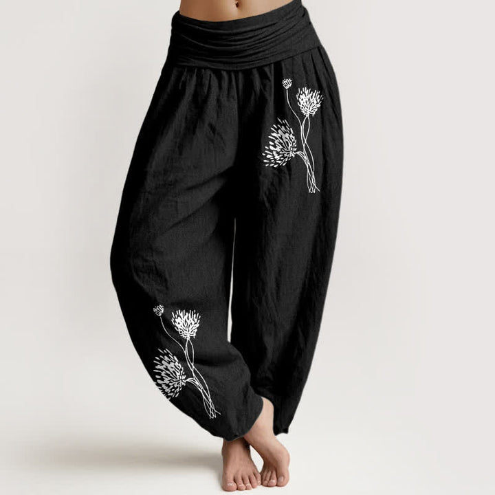 Buddha Stones Pure Cotton Botanical Pattern Women's Elastic Waist Harem Pants - Black - US16，UK/AU20，EU48 (3XL) - image 5