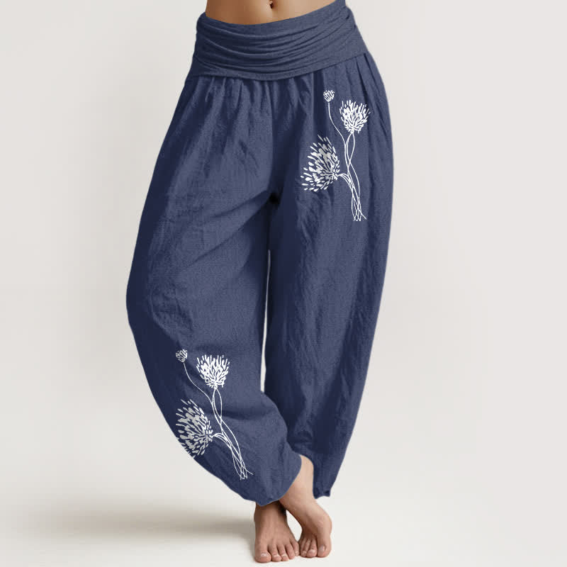 Buddha Stones Pure Cotton Botanical Pattern Women's Elastic Waist Harem Pants - DarkSlateBlue - US16，UK/AU20，EU48 (3XL) - image 8