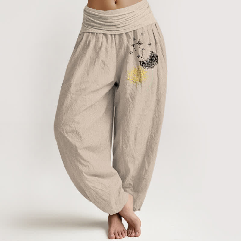 Buddha Stones Pure Cotton Dandelion Bloom Pattern Women's Elastic Waist Harem Pants - Tan - US16，UK/AU20，EU48 (3XL) - image 11