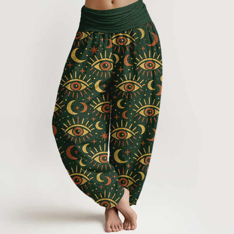 Buddha Stones Cotton Mystic Eye Moon Pattern Women's Elastic Waist Harem Pants - DarkGreen - US16，UK/AU20，EU48 (3XL) - image 0