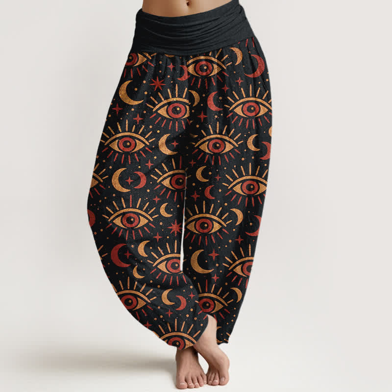 Buddha Stones Cotton Mystic Eye Moon Pattern Women's Elastic Waist Harem Pants - Black - US16，UK/AU20，EU48 (3XL) - image 8