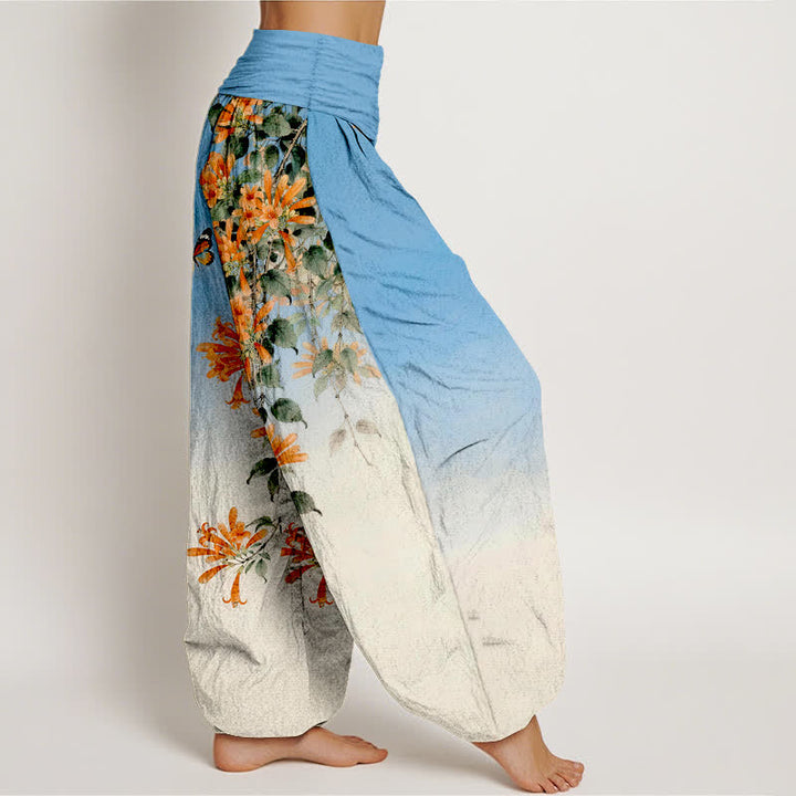 Buddha Stones Cotton Orange Floral Butterfly Pattern Women's Elastic Waist Harem Pants - image 1