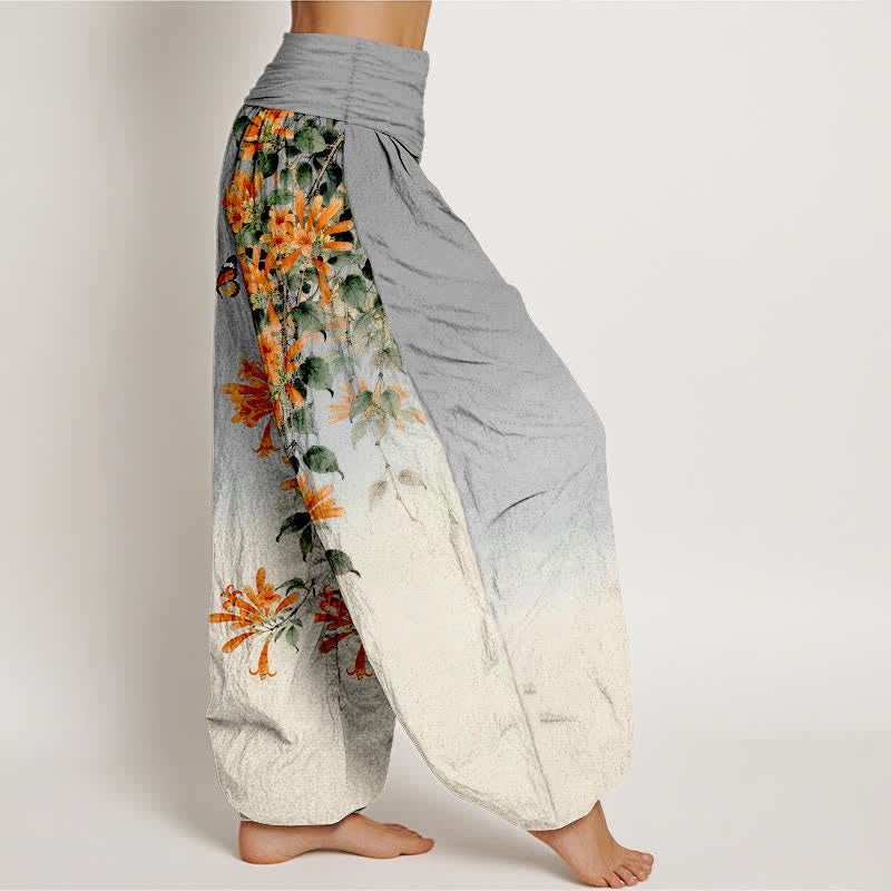 Buddha Stones Cotton Orange Floral Butterfly Pattern Women's Elastic Waist Harem Pants - image 9