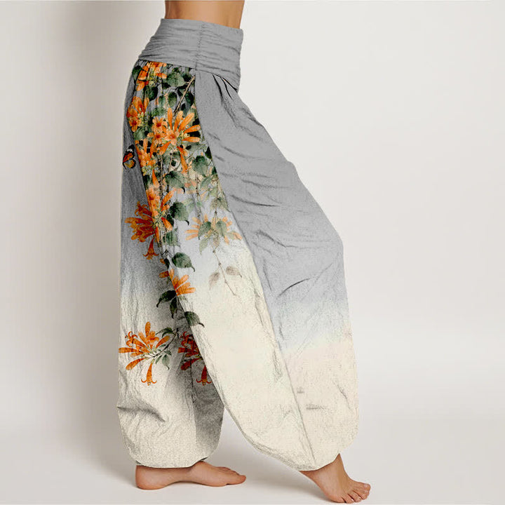Buddha Stones Cotton Orange Floral Butterfly Pattern Women's Elastic Waist Harem Pants - image 9