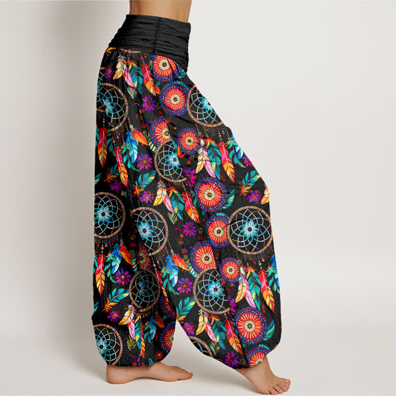 Buddha Stones Cotton Dreamcatcher Feather Pattern Women's Elastic Waist Harem Pants - image 1