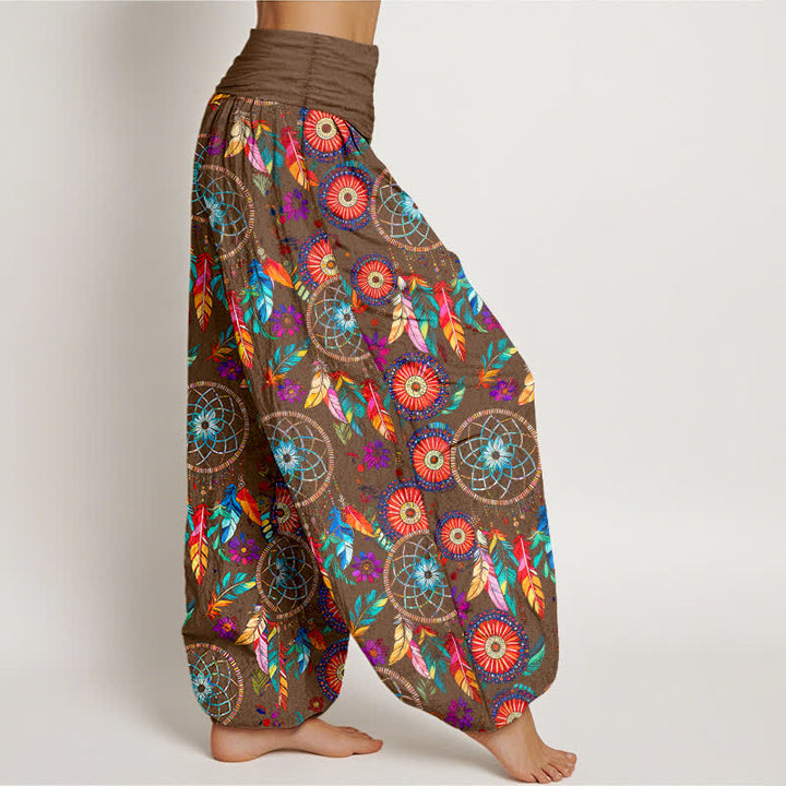 Buddha Stones Cotton Dreamcatcher Feather Pattern Women's Elastic Waist Harem Pants - image 9
