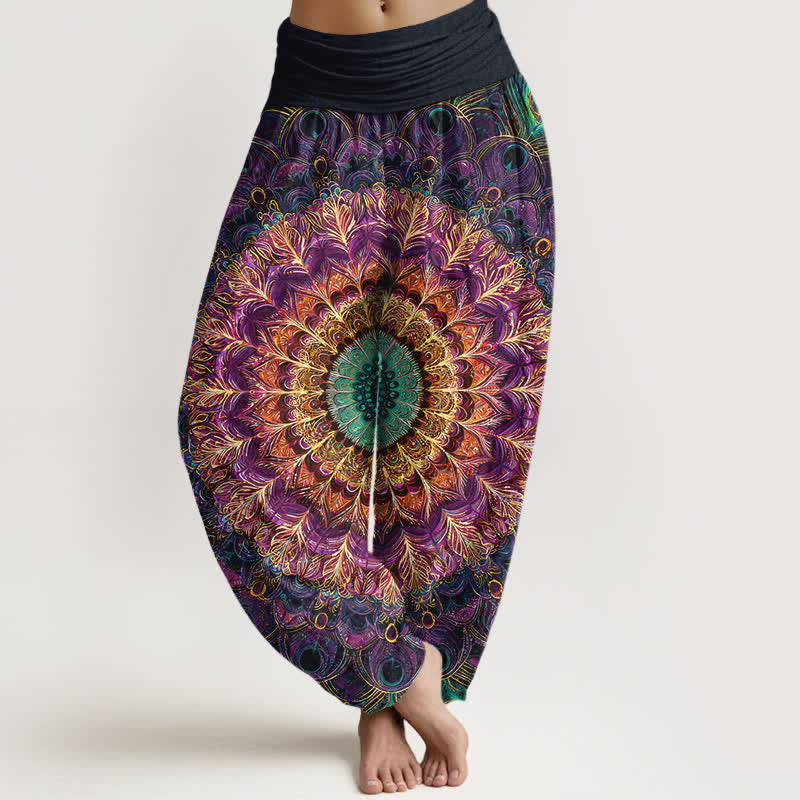 Buddha Stones Pure Cotton Mandala Feather Pattern Women's Elastic Waist Harem Pants - Purple - US16，UK/AU20，EU48 (3XL) - image 0