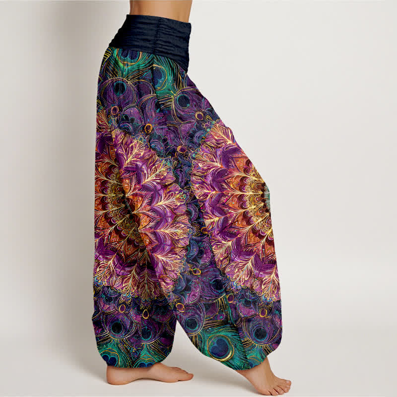 Buddha Stones Pure Cotton Mandala Feather Pattern Women's Elastic Waist Harem Pants - image 1