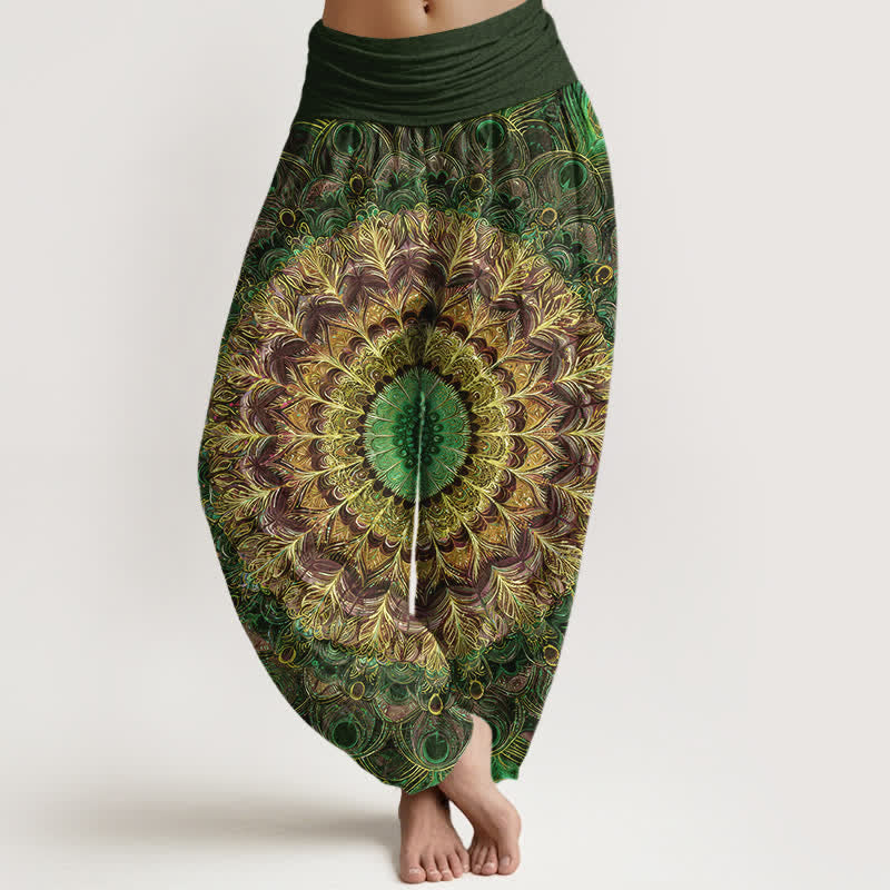 Buddha Stones Pure Cotton Mandala Feather Pattern Women's Elastic Waist Harem Pants - DarkOliveGreen - US16，UK/AU20，EU48 (3XL) - image 8