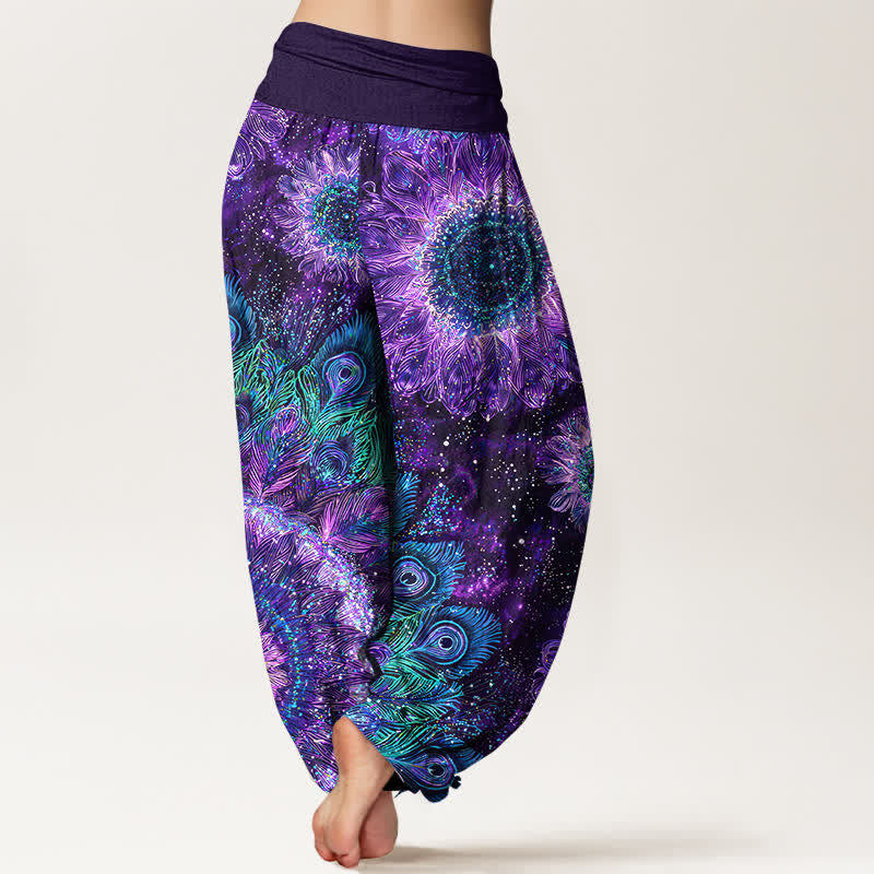 Buddha Stones Cotton Peacock Feather Pattern Women's Elastic Waist Harem Pants - image 2