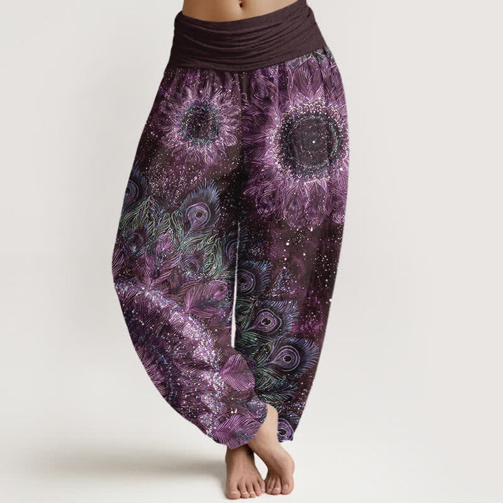 Buddha Stones Cotton Peacock Feather Pattern Women's Elastic Waist Harem Pants - Purple - US16，UK/AU20，EU48 (3XL) - image 8