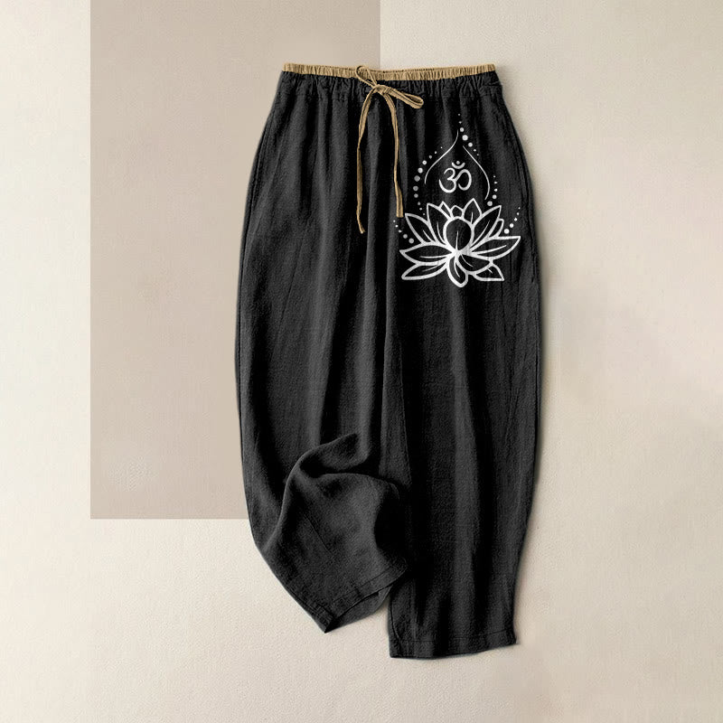 Buddha Stones Pure Cotton Lotus OM Pattern Women's Elastic Waist Pants With Pockets - Black - US16，UK/AU20，EU48 (3XL) - image 0
