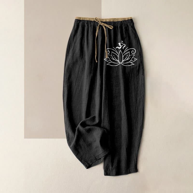 Buddha Stones Pure Cotton Lotus Pattern Women's Elastic Waist Pants With Pockets - Black - US16，UK/AU20，EU48 (3XL) - image 0