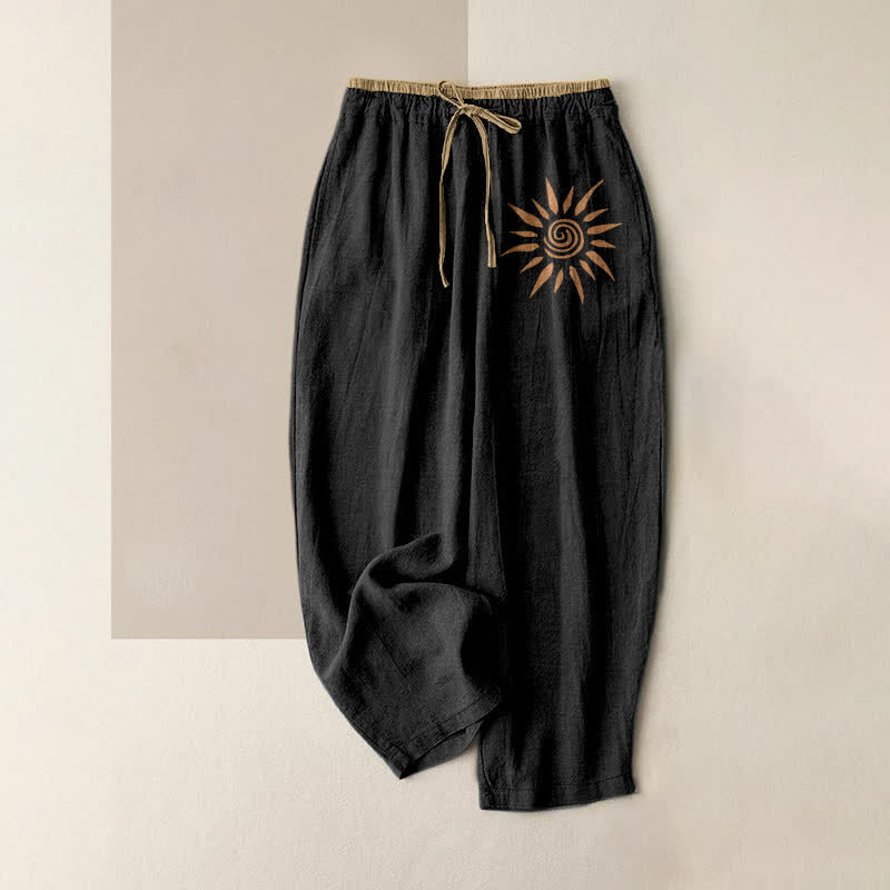 Buddha Stones Cotton Boho Sun Swirl Pattern Women's Elastic Waist Pants With Pockets - Black - US16，UK/AU20，EU48 (3XL) - image 0