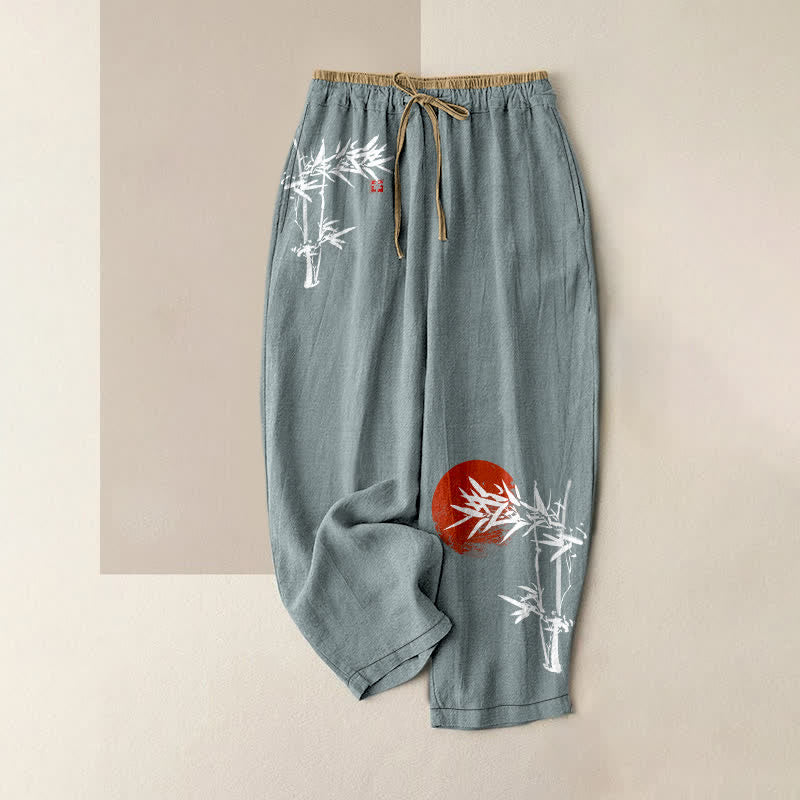Buddha Stones Pure Cotton Ink Bamboo Red Sun Pattern Women's Elastic Waist Pants With Pockets - CadetBlue - US16，UK/AU20，EU48 (3XL) - image 0