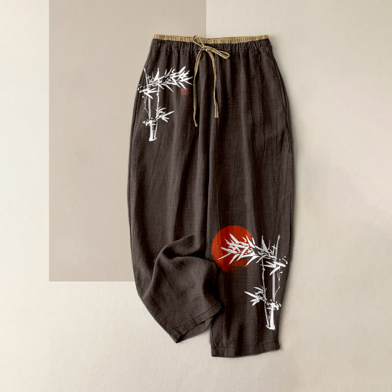 Buddha Stones Pure Cotton Ink Bamboo Red Sun Pattern Women's Elastic Waist Pants With Pockets - SaddleBrown - US16，UK/AU20，EU48 (3XL) - image 5
