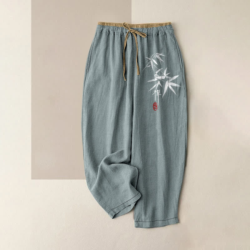 Buddha Stones Pure Cotton Zen White Bamboo Pattern Women's Elastic Waist Pants With Pockets - CadetBlue - US16，UK/AU20，EU48 (3XL) - image 0