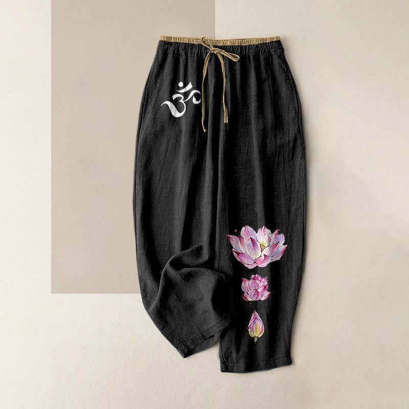 Buddha Stones Pure Cotton OM Pink Lotus Pattern Women's Elastic Waist Pants With Pockets - Black - US16，UK/AU20，EU48 (3XL) - image 0