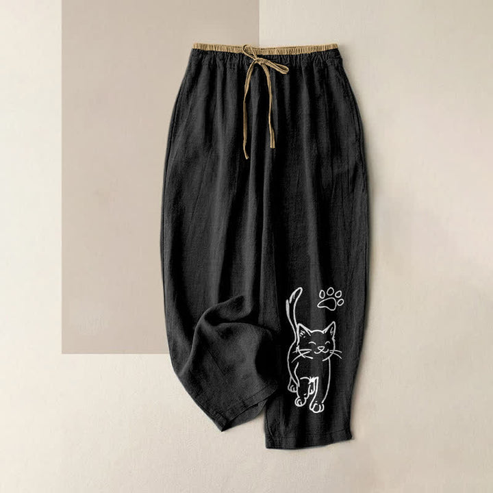 Buddha Stones Pure Cotton Whimsical Cat Pattern Women's Elastic Waist Pants With Pockets - Black - US16，UK/AU20，EU48 (3XL) - image 0