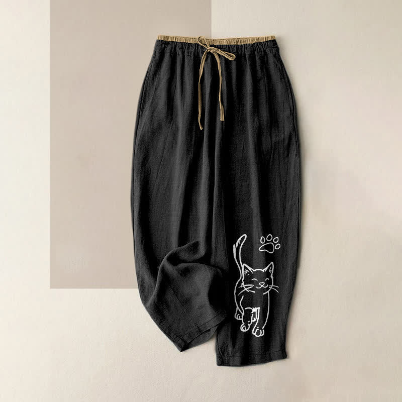 Buddha Stones Pure Cotton Whimsical Cat Pattern Women's Elastic Waist Pants With Pockets - Black - US16，UK/AU20，EU48 (3XL) - image 0
