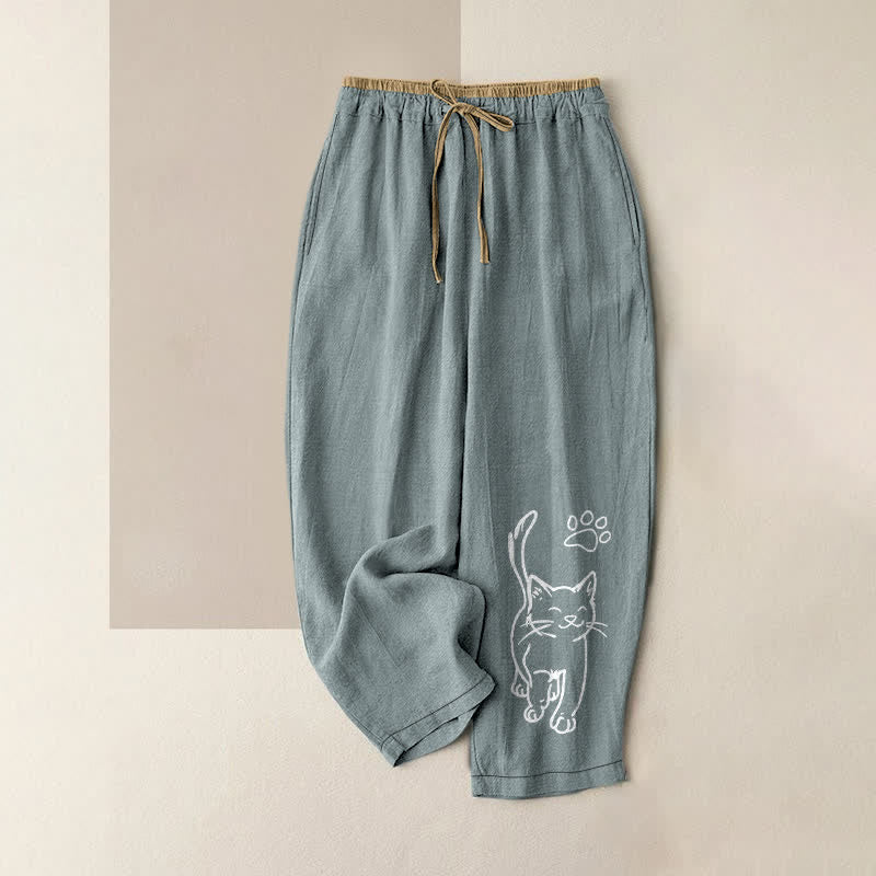 Buddha Stones Pure Cotton Whimsical Cat Pattern Women's Elastic Waist Pants With Pockets - CadetBlue - US16，UK/AU20，EU48 (3XL) - image 4