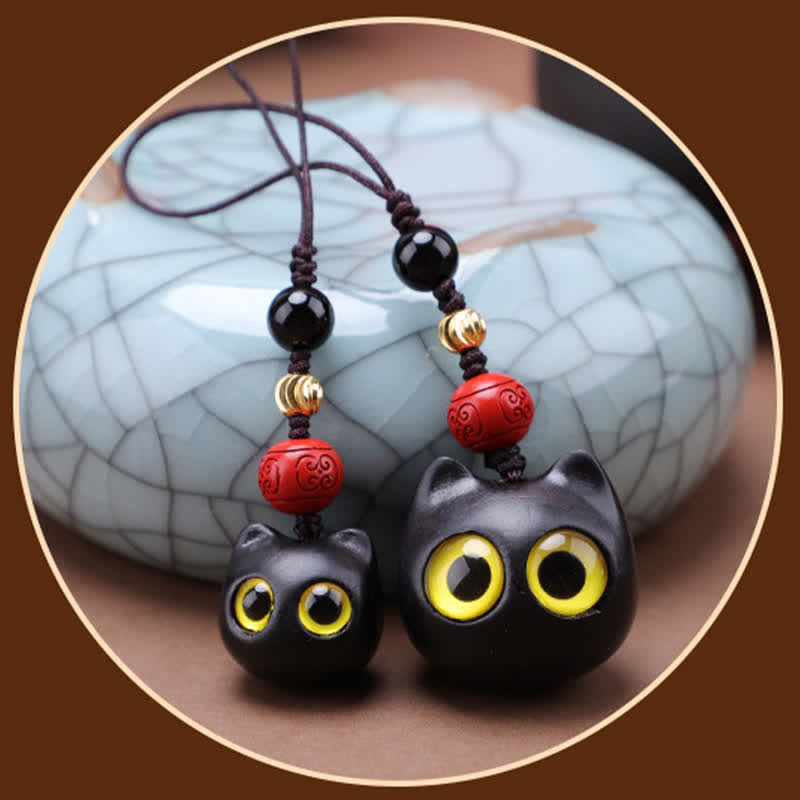 Buddha Stones Ebony Wood Cute Cat Grounding Hand Carved Peace Keychains - image 18