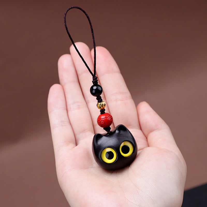 Buddha Stones Ebony Wood Cute Cat Grounding Hand Carved Peace Keychains - image 10