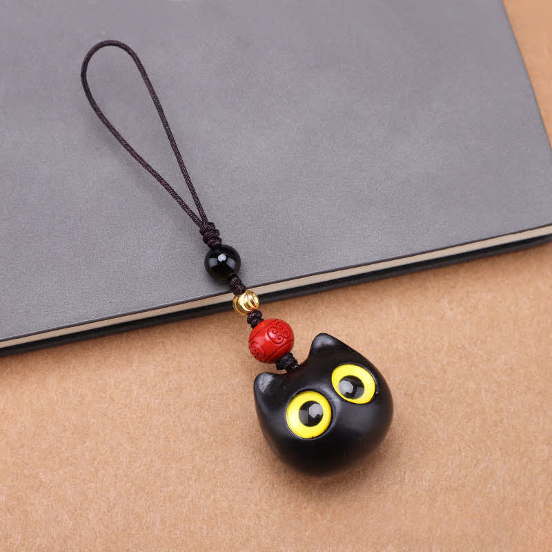 Buddha Stones Ebony Wood Cute Cat Grounding Hand Carved Peace Keychains - Large Cat Plain Rope - image 9
