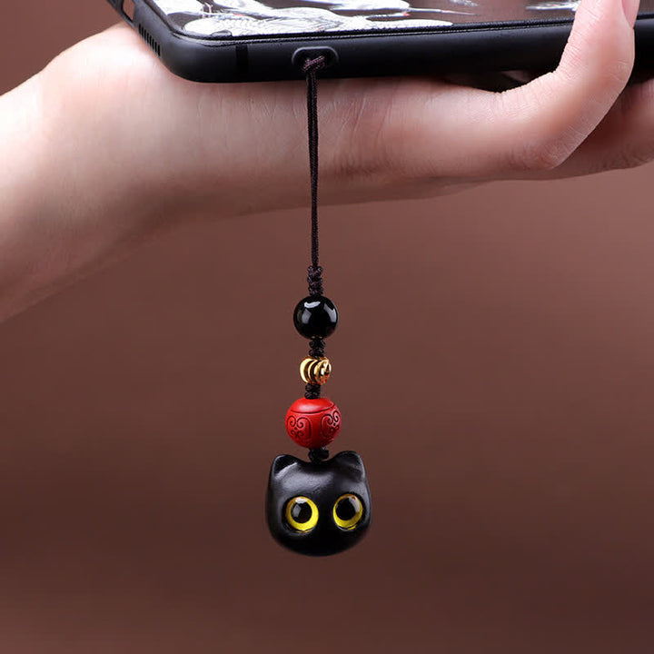 Buddha Stones Ebony Wood Cute Cat Grounding Hand Carved Peace Keychains - image 15