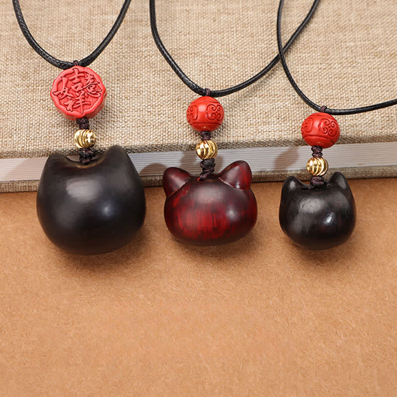 Buddha Stones Ebony Wood Red Sandalwood Lucky Cat Adjustable Balance Necklace - image 22