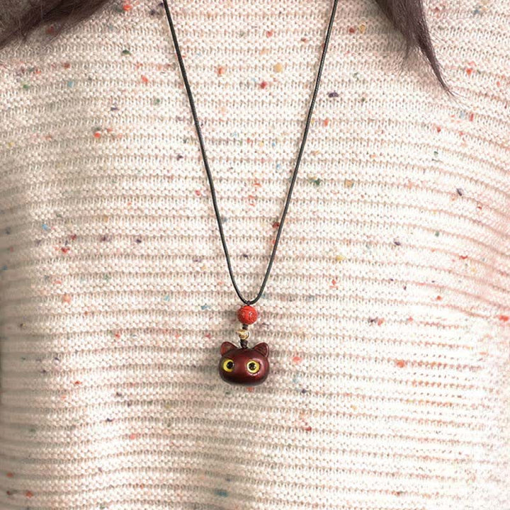 Buddha Stones Ebony Wood Red Sandalwood Lucky Cat Adjustable Balance Necklace - image 15
