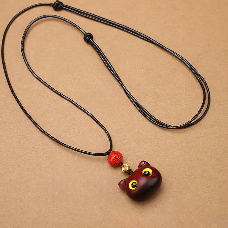 Buddha Stones Ebony Wood Red Sandalwood Lucky Cat Adjustable Balance Necklace - image 13