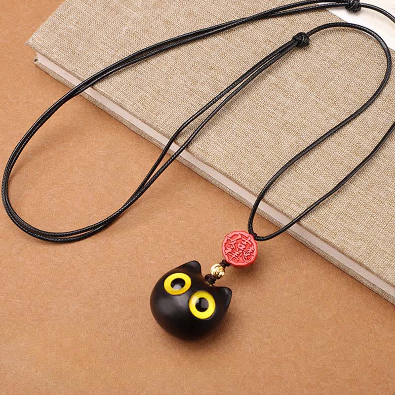 Buddha Stones Ebony Wood Red Sandalwood Lucky Cat Adjustable Balance Necklace - image 1