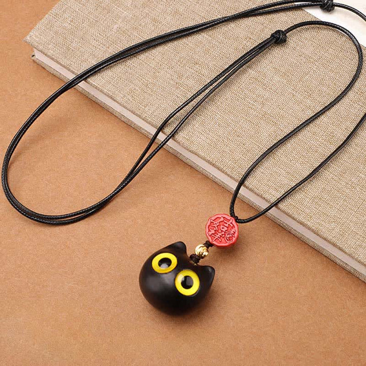Buddha Stones Ebony Wood Red Sandalwood Lucky Cat Adjustable Balance Necklace - image 1