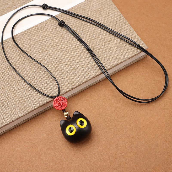 Buddha Stones Ebony Wood Red Sandalwood Lucky Cat Adjustable Balance Necklace - Big Ebony Wood - image 0