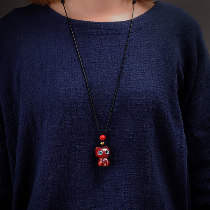 Buddha Stones Ebony Wood Red Sandalwood Cute Cat Calm Necklace - image 10