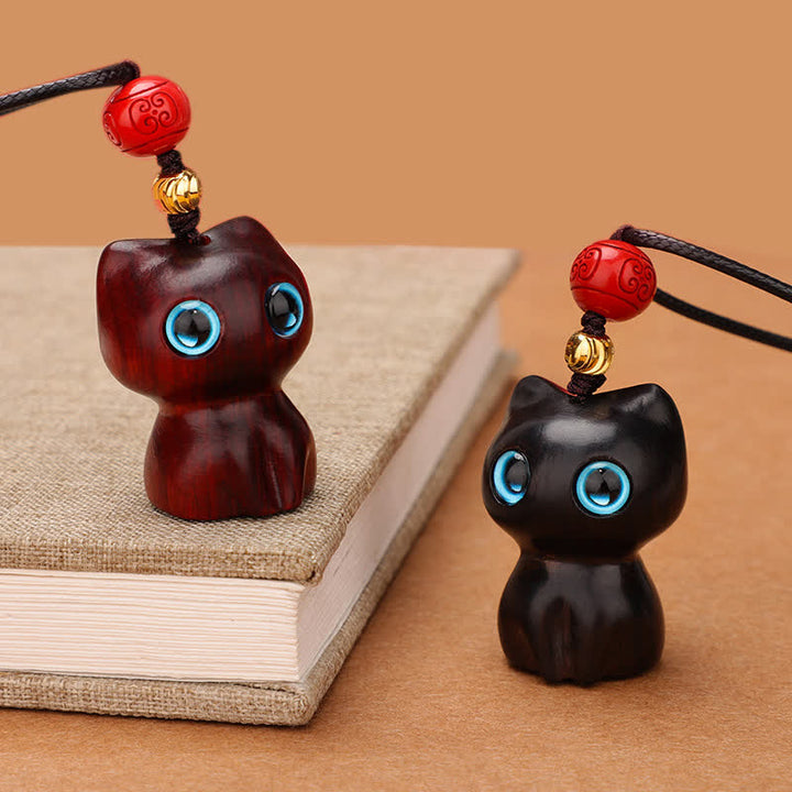 Buddha Stones Ebony Wood Red Sandalwood Cute Cat Calm Necklace - image 12