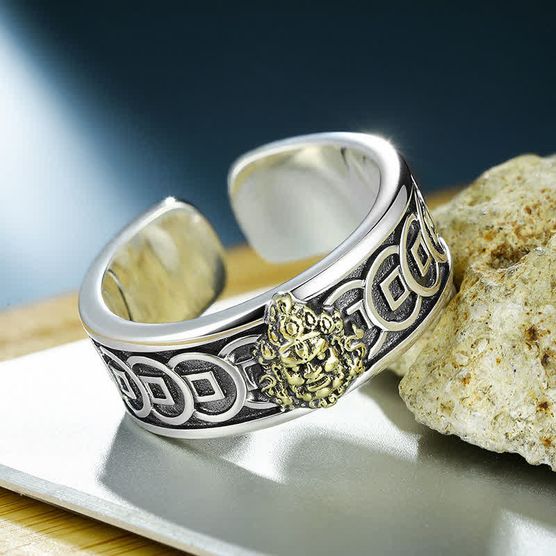 Buddha Stones Tibetan Copper Plated With Silver Yellow Jambhala Protection Adjustable Ring - image 1