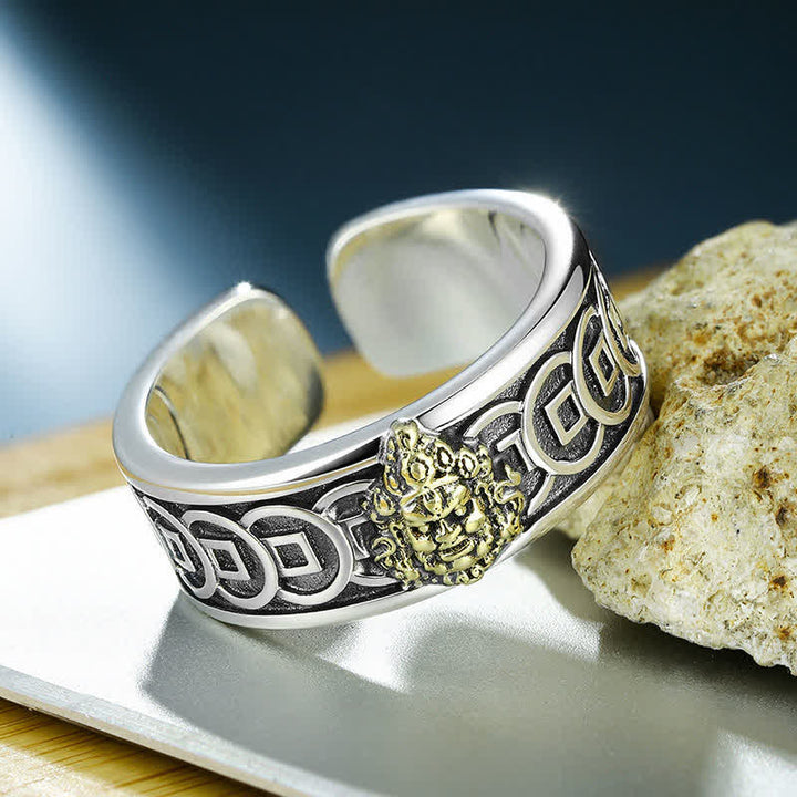 Buddha Stones Tibetan Copper Plated With Silver Yellow Jambhala Protection Adjustable Ring - image 1