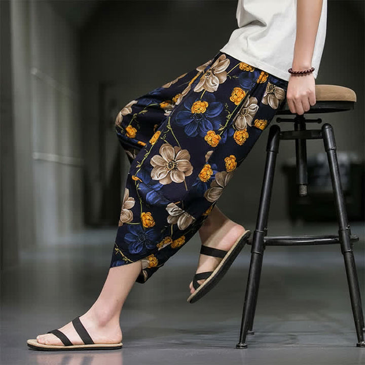 Buddha Stones Summer Casual Boho Floral Capri Pants Men's Tapered Pants With Pockets - MidnightBlue - US/UK/AU48, EU58 (5XL) - image 0