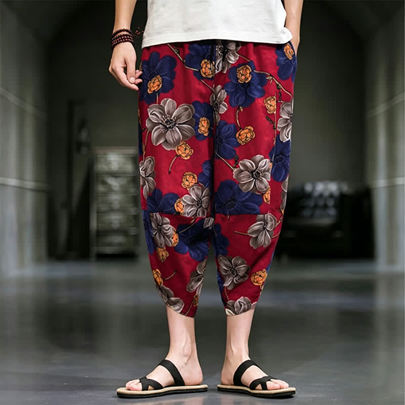 Buddha Stones Summer Casual Boho Floral Capri Pants Men's Tapered Pants With Pockets - FireBrick - US/UK/AU46，EU56 (5XL) - image 11
