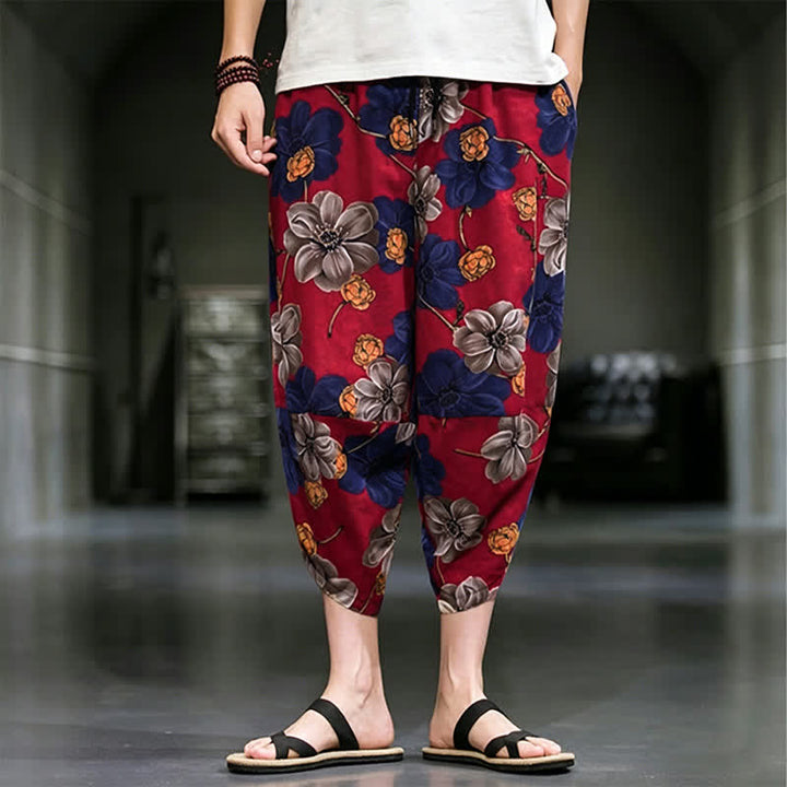 Buddha Stones Summer Casual Boho Floral Capri Pants Men's Tapered Pants With Pockets - FireBrick - US/UK/AU46，EU56 (5XL) - image 11