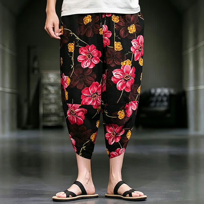 Buddha Stones Summer Casual Boho Floral Capri Pants Men's Tapered Pants With Pockets - Crimson - US/UK/AU46，EU56 (5XL) - image 18