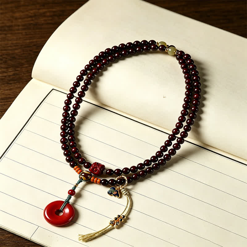 Buddha Stones Red Sandalwood Peace Buckle Protection Hand-Woven 108 Bead Mala - image 1
