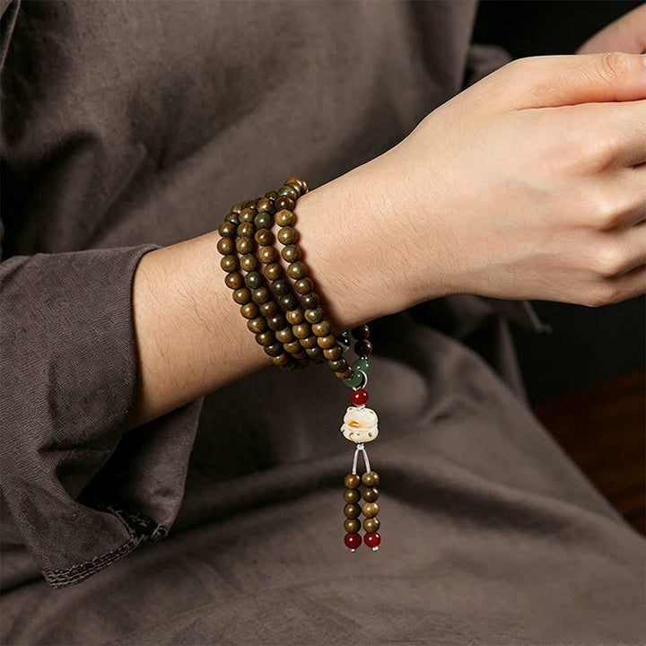 Buddha Stones Green Sandalwood Serenity Hand-Woven Cat Charm Retro Ethnic Mala - image 8