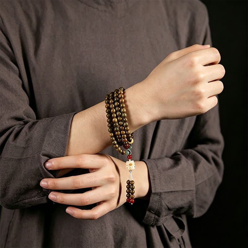 Buddha Stones Green Sandalwood Serenity Hand-Woven Cat Charm Retro Ethnic Mala - image 9