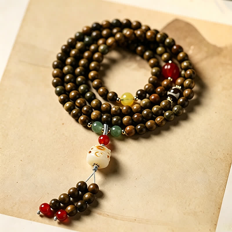 Buddha Stones Green Sandalwood Serenity Hand-Woven Cat Charm Retro Ethnic Mala - image 1
