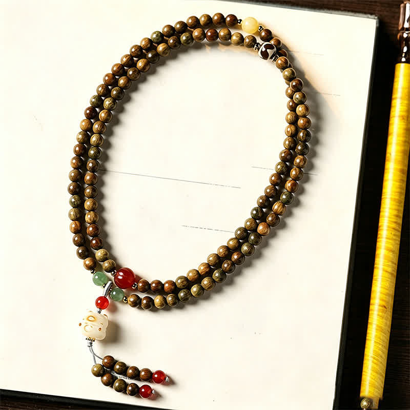 Buddha Stones Green Sandalwood Serenity Hand-Woven Cat Charm Retro Ethnic Mala - image 3