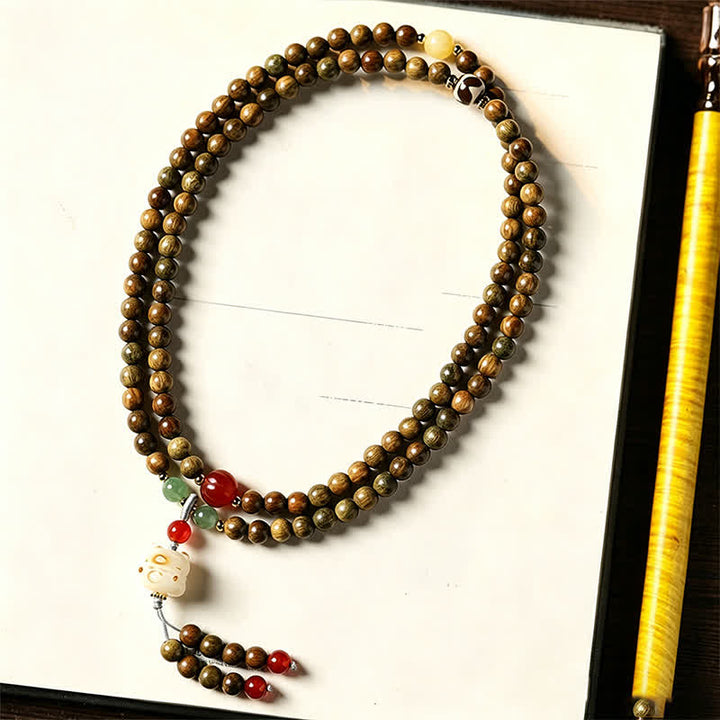 Buddha Stones Green Sandalwood Serenity Hand-Woven Cat Charm Retro Ethnic Mala - image 3